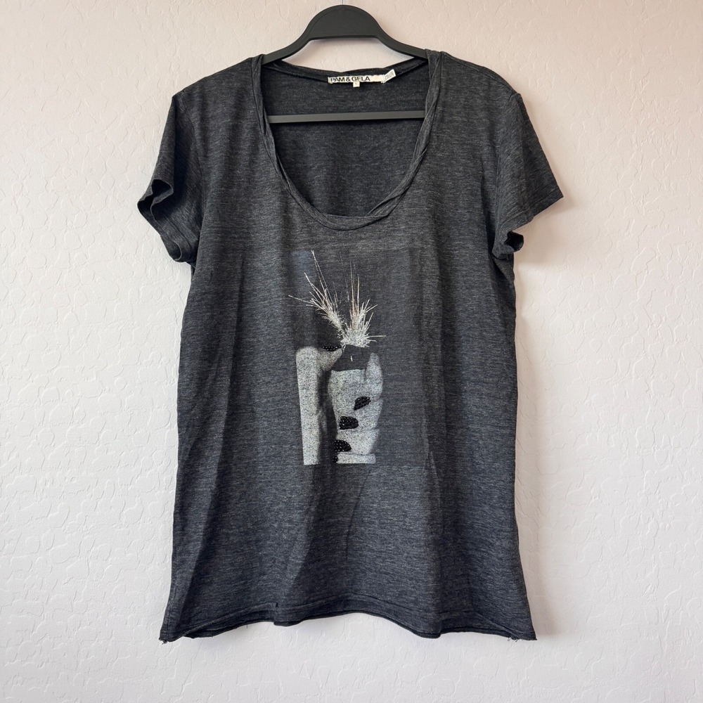 Pam & Gela Lighter Graphic Tee Relaxed Fit Casual Top Short Sleeve Gray Size‎ L